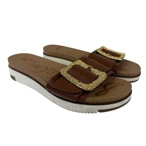 Sam Edelman Ariane 2 Brown Leather Slides Brown Gold Sz 10